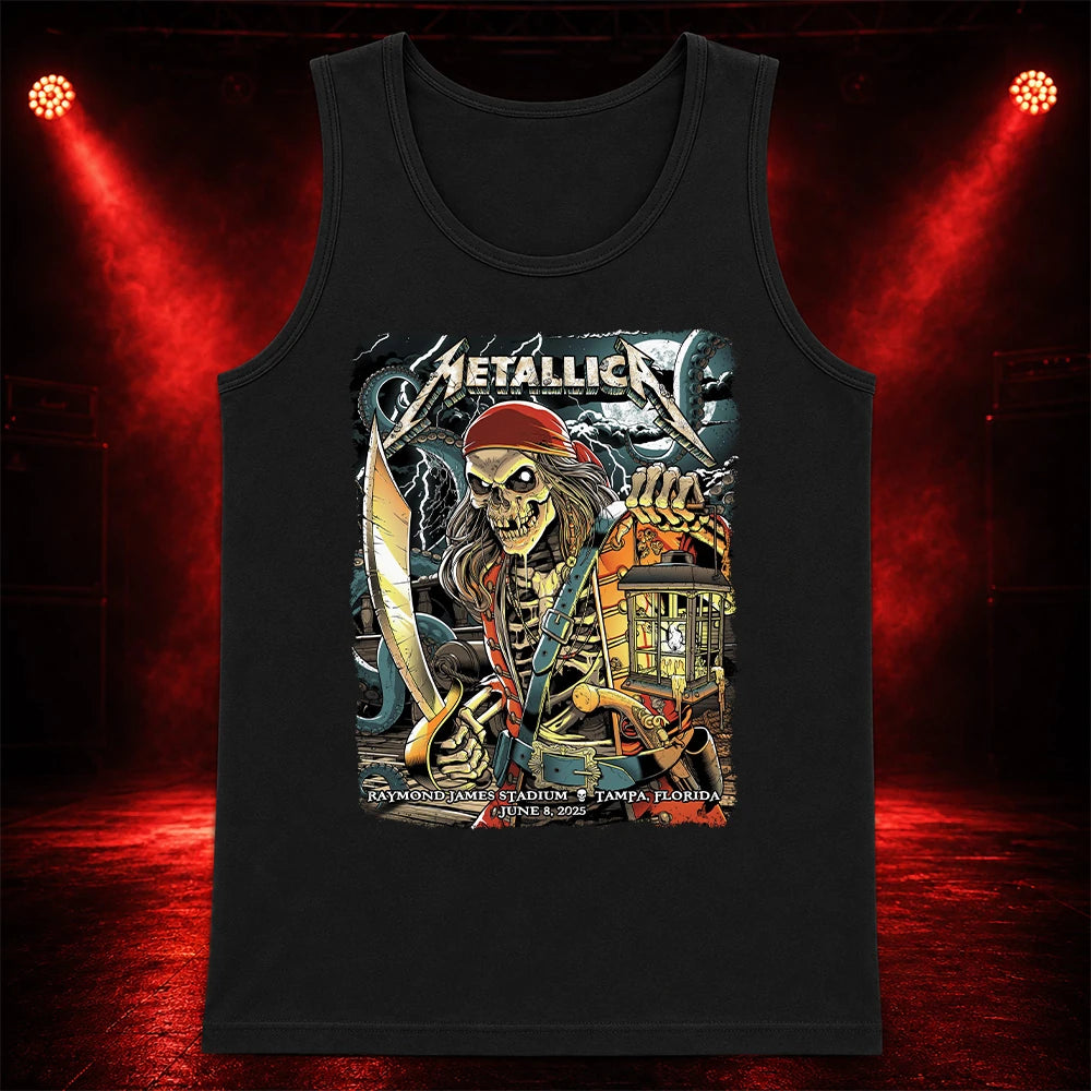 Metallica M72 World Tour June 8 2025 Raymond James Stadium Tampa Florida United States T-shirt by Andrew Cremeans featuring a skeletal pirate captain with a lantern and cutlass, giant tentacles, lightning, full moon and Tampa event text.